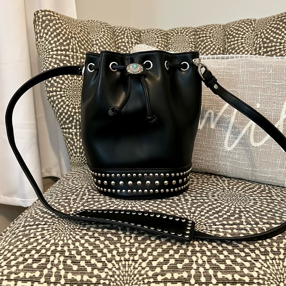 Elegant Black Studded Bucket Bag Sacred Hawk